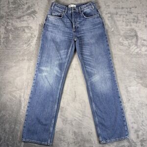 Zara Straight Leg Jeans Women's 6 Blue High Rise Button Fly Medium Wash *Flaw*